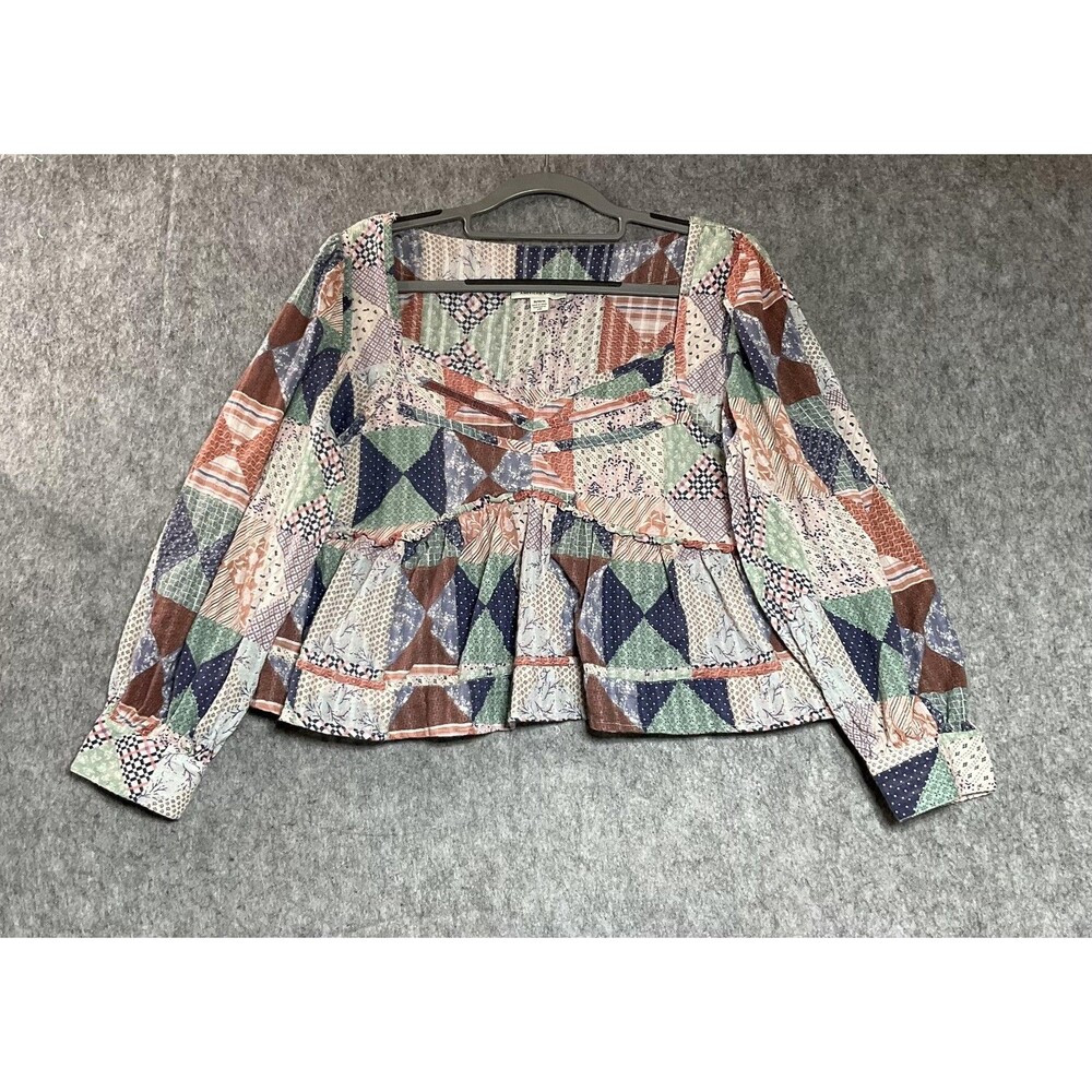 American Eagle Outfitters Blouse Womens Medium Multicolor Patchwork Peplum Boho
